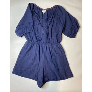 Knox Rose Romper Women's Large Navy Blue Lace Up Keyhole Puff Sleeve Smock Waist